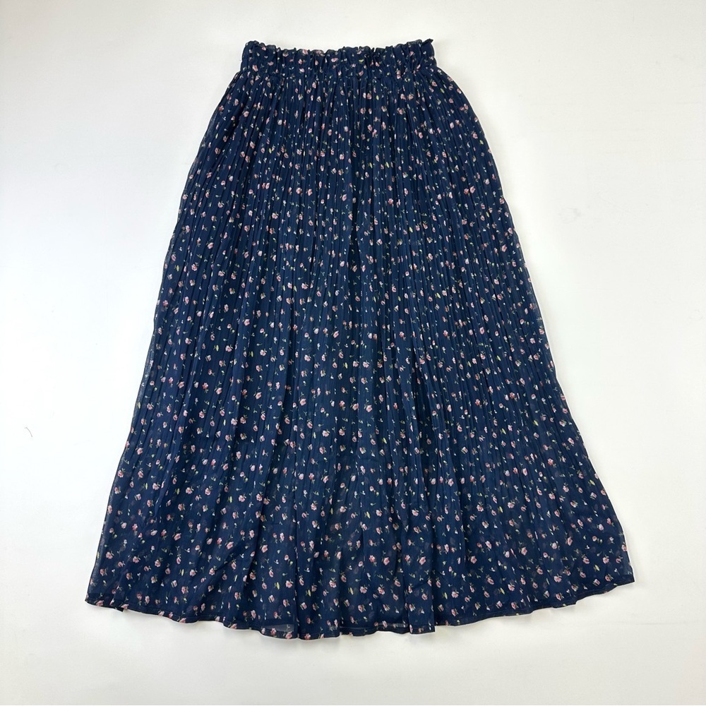 Oak + Fort navy ditzy floral skirt pleated Aline stretch waist midi XS feminine